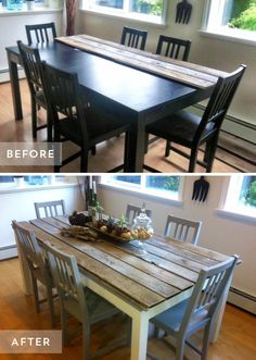 before and after photos of a dining room table made out of pallet wood with chairs