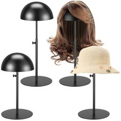 three hats and two lamps are shown on the same stand as one hat is placed in front of the other