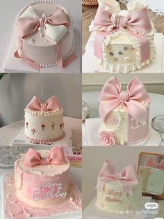 there are many different types of cakes on display in this collage, including one with pink bows and the other with white frosting