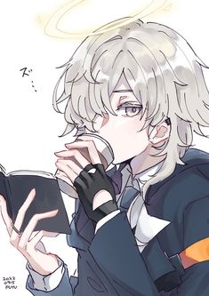 an anime character is drinking from a cup and holding a book in one hand while wearing a suit