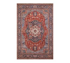 an orange and blue rug with floral designs on the center, in front of a white background