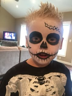 kid's skeleton makeup & hair Kids Skeleton Face Paint, Skeleton Makeup Kids, Halloween Skeleton Makeup, Skeleton Face Paint, Skeleton Face