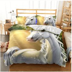 a bed with two white horses on it