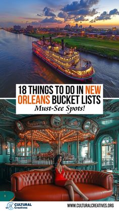 A steamboat cruising along the river at sunset and a woman in a red dress seated in a luxurious bar setting highlight the unique experiences featured in "18 Things to Do in New Orleans Bucket Lists. Mississippi River Steamboat, New Orleans Must See, Nola Things To Do, Top Things To Do In New Orleans, 1 Day In New Orleans, Things To Do In Nola, Fun Things To Do In New Orleans, Free Things To Do In New Orleans, Best Things To Do In New Orleans