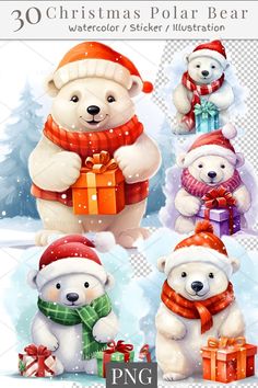 polar bears with christmas presents and gifts in their hands, on snow covered background for photoshopping