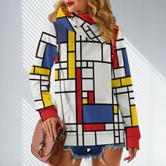 Women's Sweater, Hoodie Sweater Women, Fleece Sweater, Mondrian Sweater, 60s style sweater, Mod 60s Sweater, Women's Hoodie Sweater Handmade to order, Designed in California, Handmade overseas. A design inspired by Piet Mondiran, an abstract painter from the 60s. Geometric print in multicolor red,blue, yellow white and black print. Not your average hoodie sweater for sure! It's got a cool cowl neckline with a hoodie behind. So unique! Pair it with any fun colored pants, skirt with boots, a super 60s Sweater, Skirt With Boots, Sweater Handmade, Mod 60s, Women's Hoodie, 60s Style, Pants Skirt, Skirts With Boots, Modern Boutique