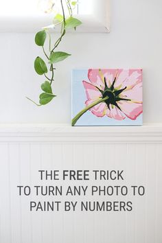 a pink flower sitting on top of a white shelf next to a painting that says, the free trick to turn any photo to paint by numbers