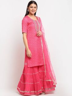 Pink Bandhani Sharara Suit Set with Dupatta - www.riafashions.com Bandhani Sharara, Cotton Sharara, Palazzo Suit, Sharara Suit, Suit Set, Fabric Cotton, 3 Weeks, Half Sleeves, Cold Shoulder Dress