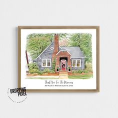 a watercolor painting of a house with the words thank you for the home