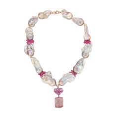 Experience the epitome of elegance and sophistication with our exquisite "Zaria" Necklace, a true masterpiece handmade in NYC. This spectacular piece showcases stunning large baroque pearls adorned with clusters of pink-hued rubies, while the centerpiece pendant boasts a rare and flawlessly polished brightly-colored kunzite. Luxury Baroque Pearl Necklace, Luxury Baroque Pearl Necklace For Wedding, Luxury Pink Briolette Necklace, Luxury Pearl Pendant Necklace For Party, Luxury Baroque Pearl Jewelry For Party, Elegant Pink Pearl Gemstone Necklace, Luxury Handmade Pink Necklace, Luxury Pink Necklace With Pearl Pendant, Elegant Pink Pearl Necklace With Natural Stones