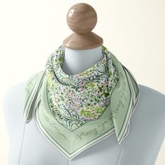 Your own elegant accessory - a square silk scarf by textile designer Darya Karenski. The story This ditsy botanical design is inspired by wild meadow grasses and delicate flowers that are indispensable for honey bees. The border features a quote by American essayist and philosopher Ralph Waldo Emerson: “Many eyes go through the meadow, but few see the flowers in it.” Hand-painted in watercolor and complemented with a nostalgic border in soft green and white. You choose Available in 2 sizes: 1) 2 Elegant Green Floral Print Silk Scarf, Elegant Green Floral Silk Scarf, Green Square Scarf For Spring, Green Square Silk Scarf For Spring, Silk Head Scarf, Many Eyes, Wild Meadow, Luxury Scarf, Green Silk Scarf