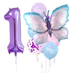 the number one balloon is purple and has butterflies on it, as well as other balloons