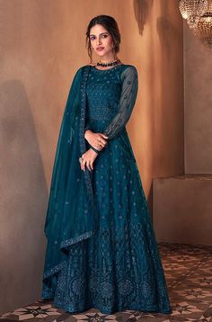 Peacock Blue Designer Embroidered Wedding Anarkali Suit-Saira's Boutique Embroidery Stones, Satin Dupatta, Wedding Anarkali, Teal Blue Weddings, Indian Anarkali, Resham Embroidery, Butterfly Net, Designer Anarkali Suits, Color Peacock