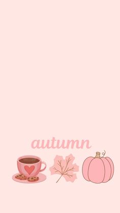 a cup of coffee and some leaves on a pink background with the word autumn written above it