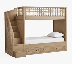 a wooden bunk bed with stairs and drawers