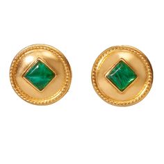 24k gold plated circle clip on earrings with green square czech glass stone Gold Brass Cabochon Earrings, Gold Cabochon Brass Earrings, Gold Brass Earrings With Cabochon Detail, Classic Green Clip-on Earrings, Luxury Green Clip-on Earrings For Formal Occasions, Luxury Gold Clip-on Earrings With Gemstone, Classic Green Clip-on Earrings For Formal Occasions, Luxury Green Clip-on Jewelry, Classic Gold Cabochon Earrings