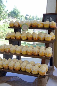 cupcakes are displayed on three tiered trays