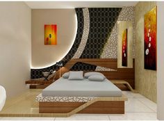 this is a bedroom with modern decor and art on the walls, along with a large bed