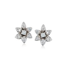 Ross-Simons - C. 1990 Vintage .65ct t. w. Diamond Flower Earrings in 14kt White Gold. C. 1990. These beaming blossoms have been planted in our Estate collection and are waiting to be picked! Shimmering .65 ct. t. w. round brilliant-cut diamonds decorate pretty petals of glossy 14kt white gold. Clip/post, diamond flower earrings. Exclusive, one-of-a-kind Estate Jewelry. Diamond birthstones are the perfect gift for April birthdays. Diamond Flower Earrings, Jewelry Presentation, Gold C, Diamond Birthstone, Fine Jewelery, Flower Tops, Diamond Flower, Vintage Diamond, Round Brilliant Cut Diamond