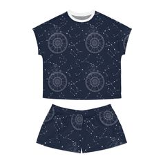 Embrace the stars with our Zodiac Women's Short Pajama Set. Crafted with soft, breathable fabric, this set is perfect for a cozy night in or a lazy weekend morning. The unique zodiac design adds a touch of celestial charm, making it a perfect gift for astrology enthusiasts. Whether you're a fiery Aries or a dreamy Pisces, find comfort in the stars with this stylish and comfortable pajama set. .: Materials: 100% polyester base, 100% cotton collar .: Seam thread color is matched close to the desig Lazy Weekend, Womens Pajama Shorts, Zodiac Designs, Comfortable Pajamas, Cozy Night, Sleep Shorts, Charm Making, Pyjama Set, Short Pajama Set