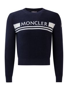 Blue long-sleeved sweater. Crew neck. Ribbed collar, cuffs and hem. Moncler logo embroidered on the front. Logo patch on the sleeve.Composition: Outside:, 100% Cotton White Logo Sweater For Fall, Crew Neck Sweater With Ribbed Cuffs For Winter, Cotton Crew Neck Sweater With Logo, Logo Crew Neck Winter Sweatshirt, Winter Logo Crew Neck Sweatshirt, Winter Logo Long Sleeve Sweatshirt, Long Sleeve Cotton Sweatshirt With Logo, Cotton Crew Sweater With Logo, Crew Neck Cotton Sweater With Logo