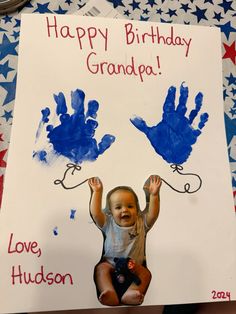 a birthday card for a grandson with handprints on it and the words, happy birthday grandpa love hudson