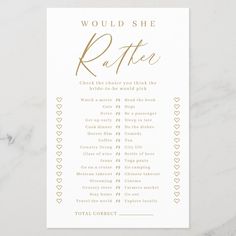 a white card with gold foil that says would she rather be married?