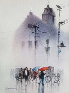 people walking in the rain with umbrellas on a city street near wires and telephone poles