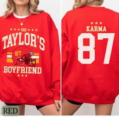 Go Taylor's Boyfriend Sweatshirt, Karma 87 Sweatshirt, KC Fan Sweater, Red Black or Gray Sweater, Taylor Fan Shirt, Football Party Sweater. Perfect for any Taylor Fan who is going to watch the big game on February 11th! Show your love of the hottest new couple that is the talk of the country! Ideal for any situation, a unisex heavy blend crewneck sweatshirt is pure comfort. These garments are made from polyester and cotton. This combination helps designs come out looking fresh and beautiful. The collar is ribbed knit, so it retains its shape even after washing. There are no itchy side seams on these sweaters.  .: 50% cotton, 50% polyester .: Medium-heavy fabric (8.0 oz/yd² (271.25 g/m .: Loose fit .: Sewn-in label .: Runs true to size Red Sweatshirt For Sports Season Fan Merchandise, Red Sweatshirt For Sports Fan Merchandise, Red Sweatshirt For Fall Fan Merchandise, Red Sweatshirt For Fan Merchandise, Fall Season, Red Sweatshirt For Fan Merchandise In Fall, Red Crew Neck Sweatshirt For Fans, Red Crew Neck Sweatshirt For Fan Merchandise, Red Fan Apparel Sweatshirt For Sports Season, Red T-shirt For Fall Fan Merchandise