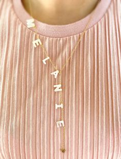 Mother of pearl name necklace Beautiful and dainty 18k Gold filled chain with mother of pearl letters. You can personalized it with your initials, your name, kids name or any other word. The length of the necklace is the length of the chain around the neck. You can choose the length which fits better for you Delicate Custom Name Necklace As Personalized Gift, Delicate Custom Name Necklace For Personalized Gift, Delicate Personalized Name Necklace, Delicate Personalized Initial Pendant Necklace, Dainty Initial Necklace Perfect For Mom, Delicate Personalized Name Necklace For Mother's Day, Personalized Delicate Name Necklace For Mother's Day, Mother's Day Personalized Initial Necklace With Letter Beads, Mother's Day Personalized Gift Initial Necklace With Letter Beads