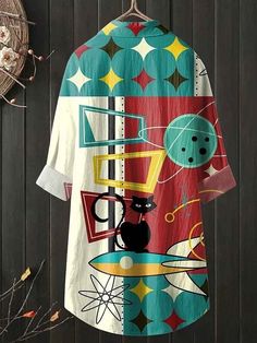 Cat Art Long Shirt Long Sleeve Cat Print Hoodie For Streetwear, Relaxed Fit Long Sleeve Sweatshirt With Cat Print, Multicolor Abstract Print Long Sleeve Shirt, Long Sleeve Cotton T-shirt With Cat Design, Playful Cotton Cat Print T-shirt, Long Shirt, Halloween Prints, The 90s, Halloween Women