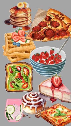 a painting of different types of food on a gray background, including pancakes, waffles, strawberries and other foods