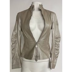 Brand New Designer Leather Jacket For Party, Designer Long Sleeve Leather Jacket For Parties, Luxury Fitted Leather Jacket For Party, Designer Fitted Leather Jacket For Evening, Fitted Luxury Leather Jacket For Evening, Elegant Long Sleeve Leather Jacket, Designer Fitted Leather Jacket For Office, Elegant Leather Jacket For Party, Elegant Long Sleeve Leather Jacket For Party