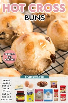 an advertisement for some kind of food that is on a rack with the words, hot cross buns