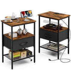 two nightstands side by side with one open and the other closed, each holding a record player