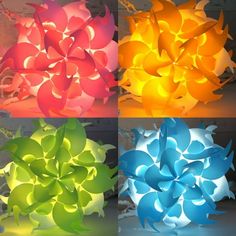 four different colored lights that look like flowers