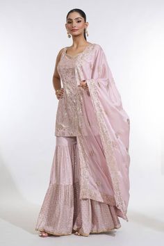 Pink sleeveless kurti with all over paisley sequin embroidery. Paired with a sharara and a sequin embroidered dupatta. - Aza Fashions Sleeveless Kurti, Embroidered Kurti, Sequin Embroidery, Embroidered Dupatta, Sharara Set, Sequins Embroidery, Set For Women, Aza Fashion, Types Of Sleeves