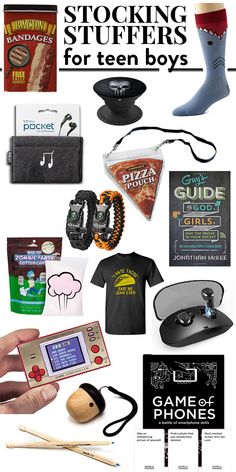 a bunch of items that are on top of a white background with the words stocking stuff for teen boys