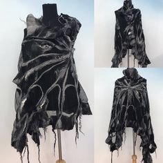 Eco Couture Black and Grey one of a kind hand made unique long shawl hand made from natural fibres Unusual Clothing, Unusual Clothes Unique, Scary Fashion, Alternative High Fashion, Bone Clothing, Industrial Goth Fashion, Unique Styles, Fashion Items, Natural Fashion