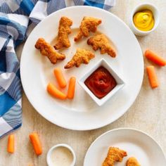 air fryer dino nuggets on a plate with ketchup and mustard. Chicken Nuggets In Air Fryer, Nuggets In Air Fryer, Melted Cheese Dip, Dinosaur Chicken Nuggets, Dino Nuggets, Healthy Chicken Nuggets, After School Snack, Chicken Patties