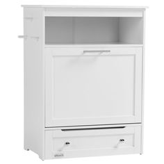 a white cabinet with two drawers and one door on the bottom, in front of a white background