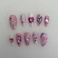 Nail Ideas Heart, Purple Pink Nails, Pink And Purple Aesthetic, Pink Purple Nails, Pink And Purple Nails, Pink Heart Nails, Purple Press On Nails, Purple And Pink Nails, Food Nail Art