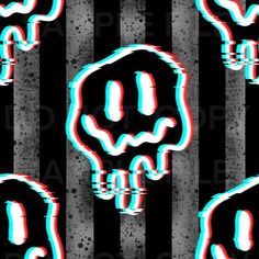 a black and white striped background with blue and red neon lights in the shape of skulls