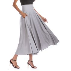 Light Gray High Waisted Swing A-line Maxi Skirt Fitted A-line Maxi Skirt With Gathered Detail, Chic Summer A-line Maxi Skirt, Chic A-line Maxi Skirt In Solid Color, A-line Pleated Skirt With Pockets, Chic A-line Pleated Summer Skirt, Fitted A-line Mini Skirt With Pockets, Fitted Gray Pleated Summer Skirt, Relaxed A-line Maxi Skirt For Spring, Fitted Gray Pleated Skirt For Summer