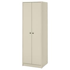 a tall white cabinet with two doors