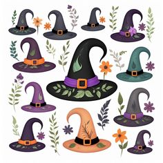 a bunch of witches hats with flowers and leaves