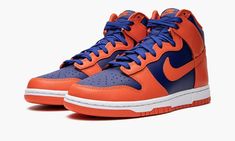 The Nike Dunk High “Knicks” is a two-tone, orange and blue colorway of the retro basketball shoe reminiscent of the New York Knicks team uniform colors.  The Dunk High “Knicks” colorway is designed in the same two-tone color block as the colorways from 1985’s college basketball-inspired “Be True to Your School” pack.  The upper has a Deep Royal Blue leather base with contrasting orange leather overlays and Swoosh branding.  An orange “Nike” logo is paired with an orange Swoosh on the blue nylon School Pack, Retro Basketball Shoes, Retro Basketball, Tenis Nike, Deep Royal Blue, Nike Sb Dunks Low, Nike Dunk High, Orange Orange, Dunk High