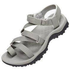 Stylish women's sandal with quick-drying and washable webbing upper with ports for air and water flow. Sport sandal with elastic core and adjustable tongue for secure comfort on your feet, the adjustable tongue makes it easy to put on and off most feet. Low-to-the-ground construction and flexible, durable rubber outsole provide stable walking. Soft footbed provides extra support. Size: 7.5.  Color: Gray.  Gender: female.  Age Group: adult. Womens Hiking, Water Sandals, Hiking Sandals, Walking Sandals, Outdoor Fashion, Hiking Women, Sport Sandals, Beach Shoes, Water Flow