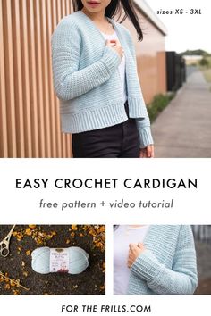 the easy crochet cardigan pattern is shown with instructions to make it