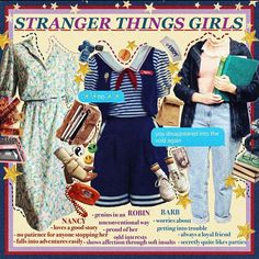 an advertisement for the movie, strange things girls with clothes and accessories on display next to each other